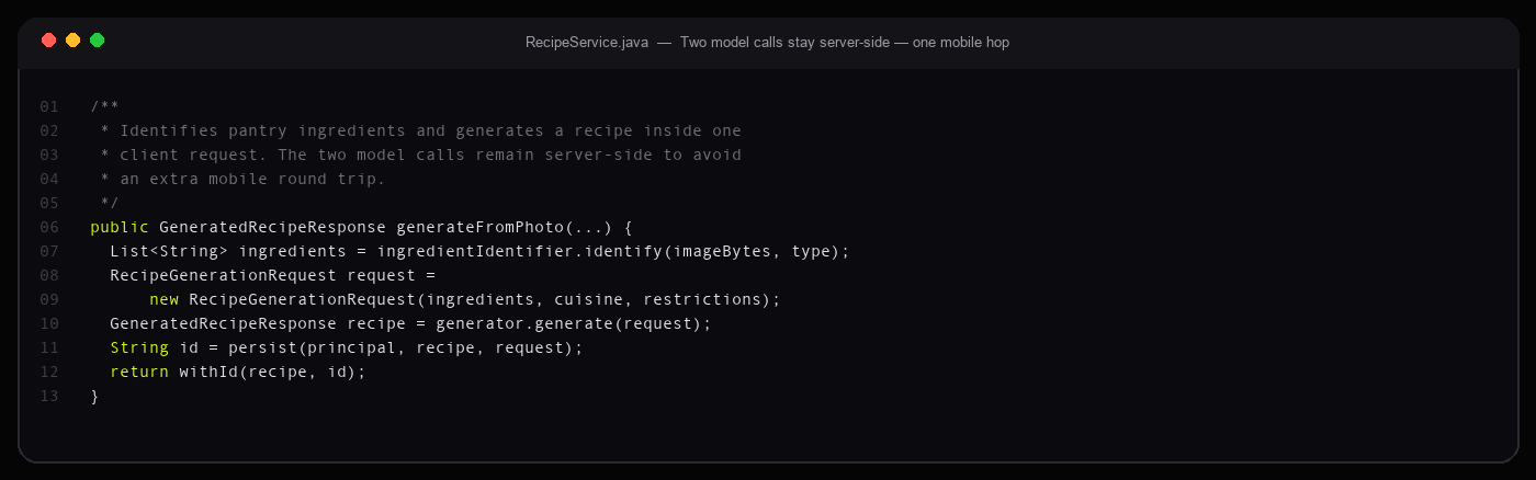 RecipeService.generateFromPhoto keeping two model calls server-side