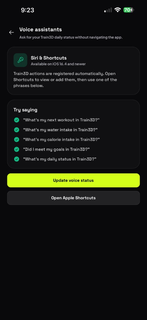 Voice assistants screen with Siri phrases for Train3D daily status