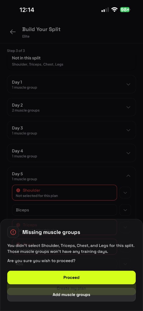 Build Your Split: missing muscle groups confirmation
